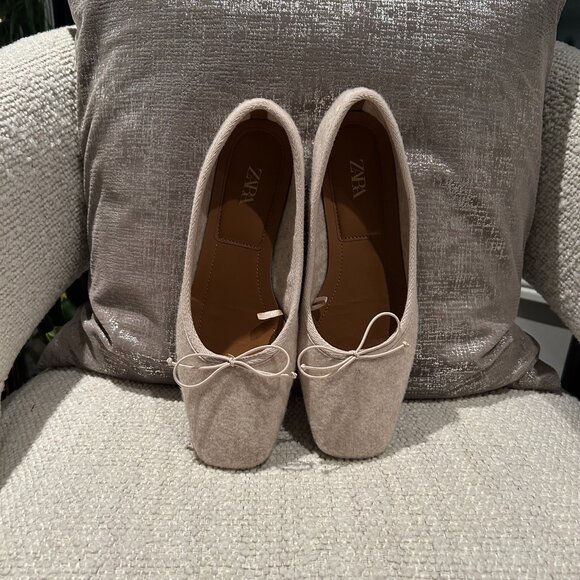 Zara Oatmeal Beige & Grey Felt Ballet Flats | Square Toe | Size 37 / US 6.5 - Picture 1 of 11
